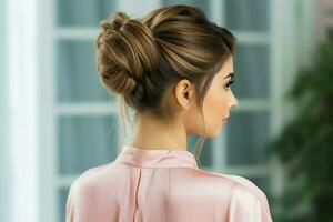 A beautiful bride with a bun hairstyles for long hair look from back. A female hairstyle rear view concept by AI Generated photo