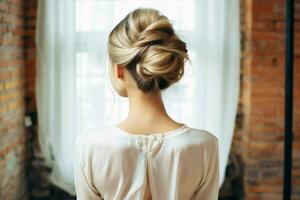 A beautiful bride with a bun hairstyles for long hair look from back. A female hairstyle rear view concept by AI Generated photo