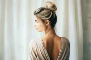 A beautiful bride with a bun hairstyles for long hair look from back. A female hairstyle rear view concept by AI Generated photo