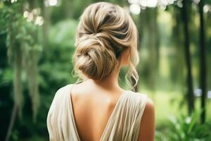 A beautiful bride with a bun hairstyles for long hair look from back. A female hairstyle rear view concept by AI Generated photo