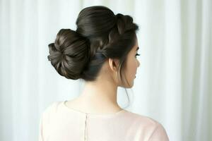 A beautiful bride with a bun hairstyles for long hair look from back. A female hairstyle rear view concept by AI Generated photo