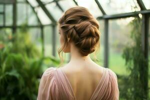 A beautiful bride with a bun hairstyles for long hair look from back. A female hairstyle rear view concept by AI Generated photo