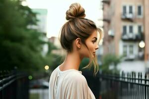 A beautiful bride with a bun hairstyles for long hair look from back. A female hairstyle rear view concept by AI Generated photo