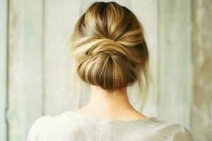 A beautiful bride with a bun hairstyles for long hair look from back. A female hairstyle rear view concept by AI Generated photo