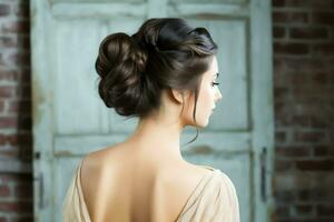 A beautiful bride with a bun hairstyles for long hair look from back. A female hairstyle rear view concept by AI Generated photo