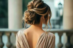 A beautiful bride with a bun hairstyles for long hair look from back. A female hairstyle rear view concept by AI Generated photo