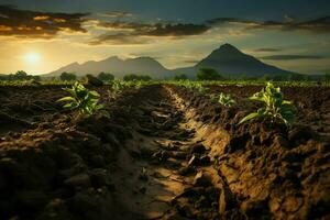 Beautiful view of a tea field plantation, vineyard farm or strawberry garden in the green hills at sunrise concept by AI Generated photo