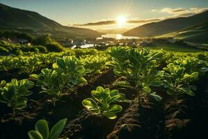 Beautiful view of a tea field plantation, vineyard farm or strawberry garden in the green hills at sunrise concept by AI Generated photo