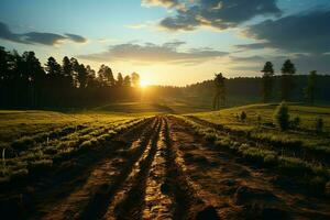 Beautiful view of a tea field plantation, vineyard farm or strawberry garden in the green hills at sunrise concept by AI Generated photo