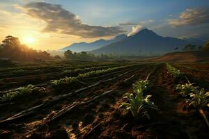 Beautiful view of a tea field plantation, vineyard farm or strawberry garden in the green hills at sunrise concept by AI Generated photo