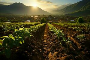 hermosa ver de un té campo plantación, viñedo granja o fresa jardín en el verde colinas a amanecer concepto por ai generado foto