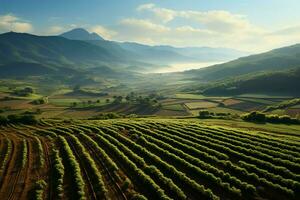 Beautiful view of a tea field plantation, vineyard farm or strawberry garden in the green hills at sunrise concept by AI Generated photo