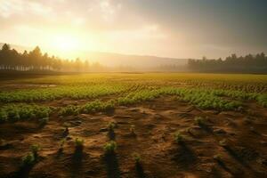 hermosa ver de un té campo plantación, viñedo granja o fresa jardín en el verde colinas a amanecer concepto por ai generado foto