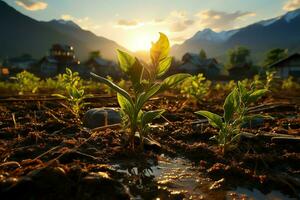 Beautiful view of a tea field plantation, vineyard farm or strawberry garden in the green hills at sunrise concept by AI Generated photo