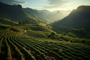 Beautiful view of a tea field plantation, vineyard farm or strawberry garden in the green hills at sunrise concept by AI Generated photo