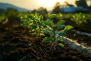 hermosa ver de un té campo plantación, viñedo granja o fresa jardín en el verde colinas a amanecer concepto por ai generado foto