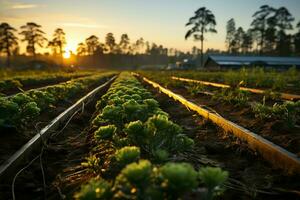 Beautiful view of a tea field plantation, vineyard farm or strawberry garden in the green hills at sunrise concept by AI Generated photo