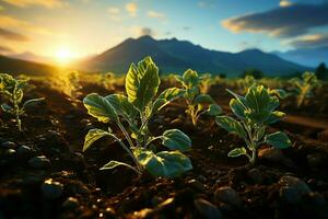 Beautiful view of a tea field plantation, vineyard farm or strawberry garden in the green hills at sunrise concept by AI Generated photo