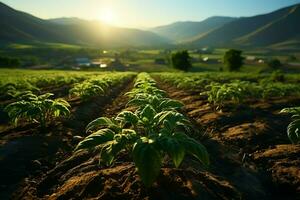 hermosa ver de un té campo plantación, viñedo granja o fresa jardín en el verde colinas a amanecer concepto por ai generado foto