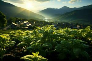 hermosa ver de un té campo plantación, viñedo granja o fresa jardín en el verde colinas a amanecer concepto por ai generado foto