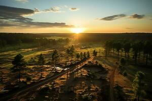 hermosa ver de un té campo plantación, viñedo granja o fresa jardín en el verde colinas a amanecer concepto por ai generado foto