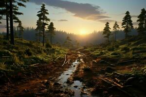 Beautiful view of a tea field plantation, vineyard farm or strawberry garden in the green hills at sunrise concept by AI Generated photo
