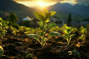 hermosa ver de un té campo plantación, viñedo granja o fresa jardín en el verde colinas a amanecer concepto por ai generado foto