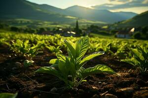 hermosa ver de un té campo plantación, viñedo granja o fresa jardín en el verde colinas a amanecer concepto por ai generado foto