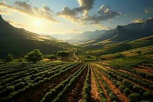 Beautiful view of a tea field plantation, vineyard farm or strawberry garden in the green hills at sunrise concept by AI Generated photo