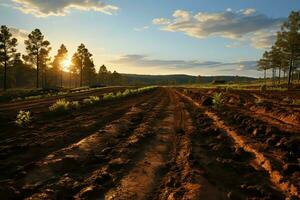 Beautiful view of a tea field plantation, vineyard farm or strawberry garden in the green hills at sunrise concept by AI Generated photo