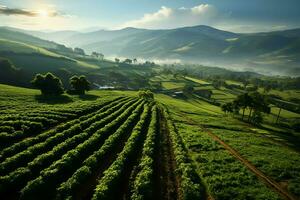 Beautiful view of a tea field plantation, vineyard farm or strawberry garden in the green hills at sunrise concept by AI Generated photo