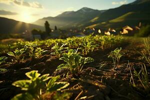 hermosa ver de un té campo plantación, viñedo granja o fresa jardín en el verde colinas a amanecer concepto por ai generado foto