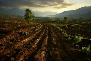 hermosa ver de un té campo plantación, viñedo granja o fresa jardín en el verde colinas a amanecer concepto por ai generado foto