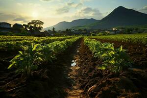 hermosa ver de un té campo plantación, viñedo granja o fresa jardín en el verde colinas a amanecer concepto por ai generado foto