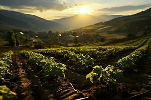 Beautiful view of a tea field plantation, vineyard farm or strawberry garden in the green hills at sunrise concept by AI Generated photo