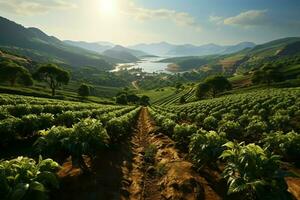 hermosa ver de un té campo plantación, viñedo granja o fresa jardín en el verde colinas a amanecer concepto por ai generado foto