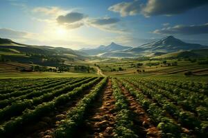 Beautiful view of a tea field plantation, vineyard farm or strawberry garden in the green hills at sunrise concept by AI Generated photo