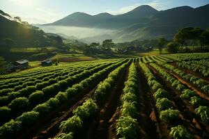 Beautiful view of a tea field plantation, vineyard farm or strawberry garden in the green hills at sunrise concept by AI Generated photo