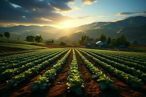 Beautiful view of a tea field plantation, vineyard farm or strawberry garden in the green hills at sunrise concept by AI Generated photo