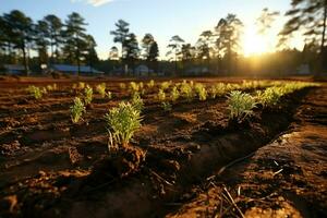 Beautiful view of a tea field plantation, vineyard farm or strawberry garden in the green hills at sunrise concept by AI Generated photo