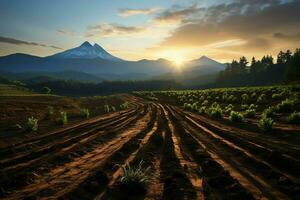 Beautiful view of a tea field plantation, vineyard farm or strawberry garden in the green hills at sunrise concept by AI Generated photo