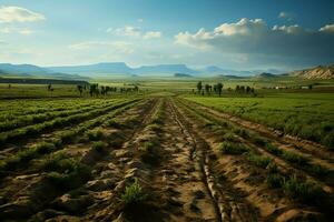 Beautiful view of a tea field plantation, vineyard farm or strawberry garden in the green hills at sunrise concept by AI Generated photo