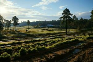 hermosa ver de un té campo plantación, viñedo granja o fresa jardín en el verde colinas a amanecer concepto por ai generado foto