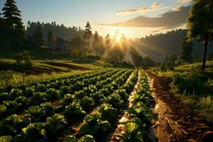 Beautiful view of a tea field plantation, vineyard farm or strawberry garden in the green hills at sunrise concept by AI Generated photo