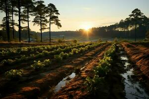 hermosa ver de un té campo plantación, viñedo granja o fresa jardín en el verde colinas a amanecer concepto por ai generado foto