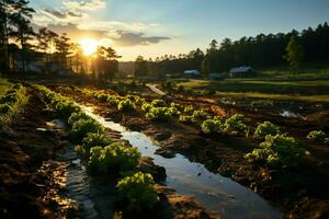 Beautiful view of a tea field plantation, vineyard farm or strawberry garden in the green hills at sunrise concept by AI Generated photo