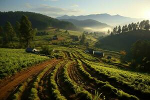 hermosa ver de un té campo plantación, viñedo granja o fresa jardín en el verde colinas a amanecer concepto por ai generado foto