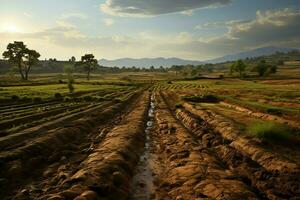 Beautiful view of a tea field plantation, vineyard farm or strawberry garden in the green hills at sunrise concept by AI Generated photo