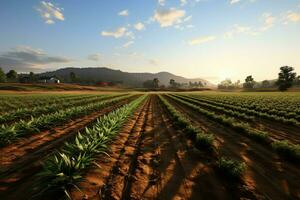 hermosa ver de un té campo plantación, viñedo granja o fresa jardín en el verde colinas a amanecer concepto por ai generado foto