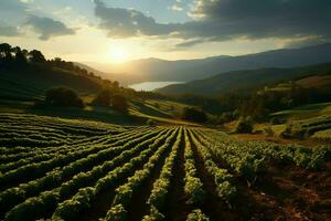 hermosa ver de un té campo plantación, viñedo granja o fresa jardín en el verde colinas a amanecer concepto por ai generado foto